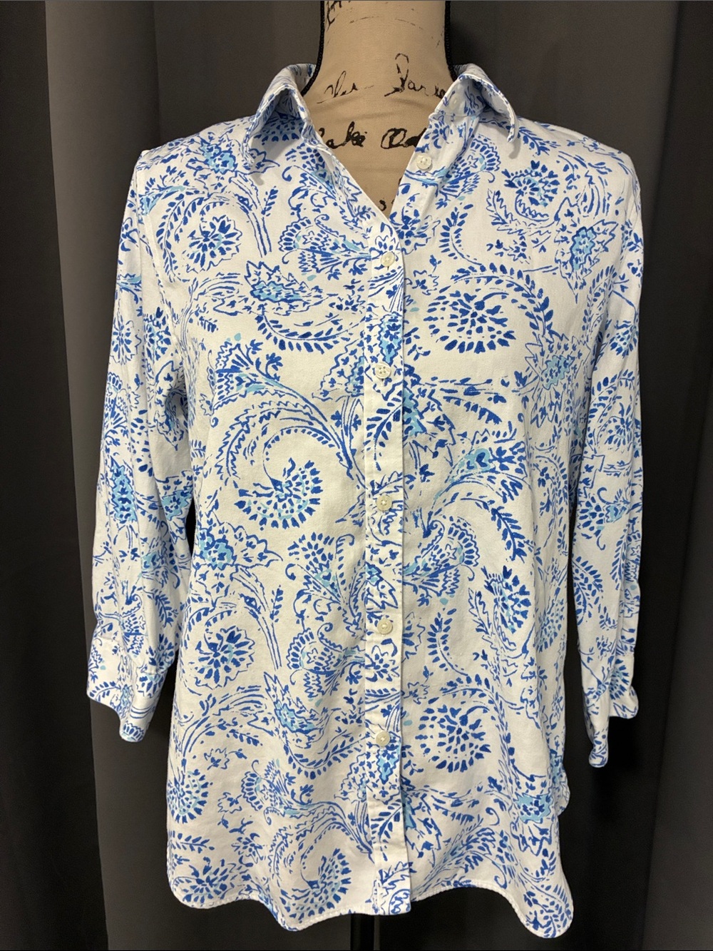 Chaps White Shirt with Blue Floral Trim